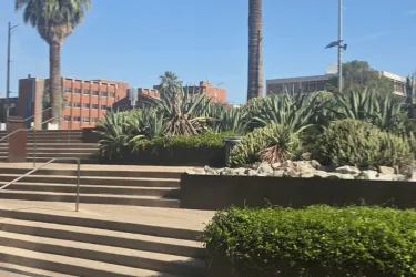 Wide, short image of the University of Arizona outside in the sun. The main focus of the image is on a staircase outside of the Optical Sciences building on Cherry Ave. The viewer can see some foliage and brick buildings in the distance.